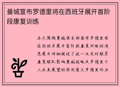 曼城宣布罗德里将在西班牙展开首阶段康复训练 曼城宣布罗德里将在西班牙展开首阶段康复训练